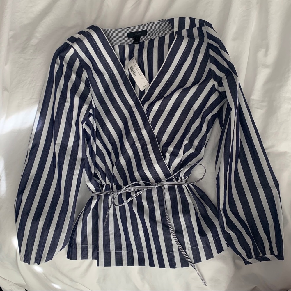 JCrew Striped Faux Wrap Top - Navy